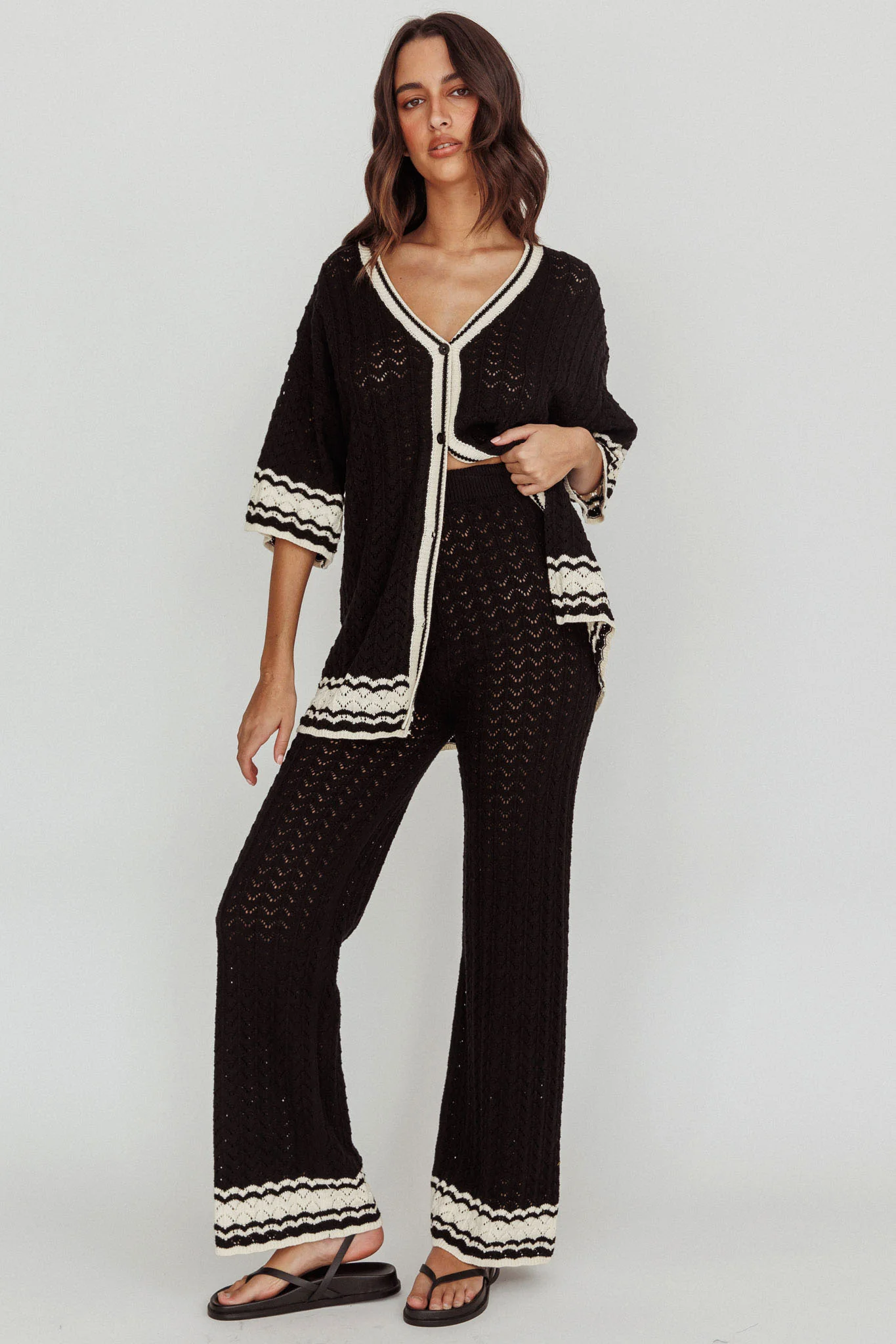 Cotton Straight Leg Knit Pants Black