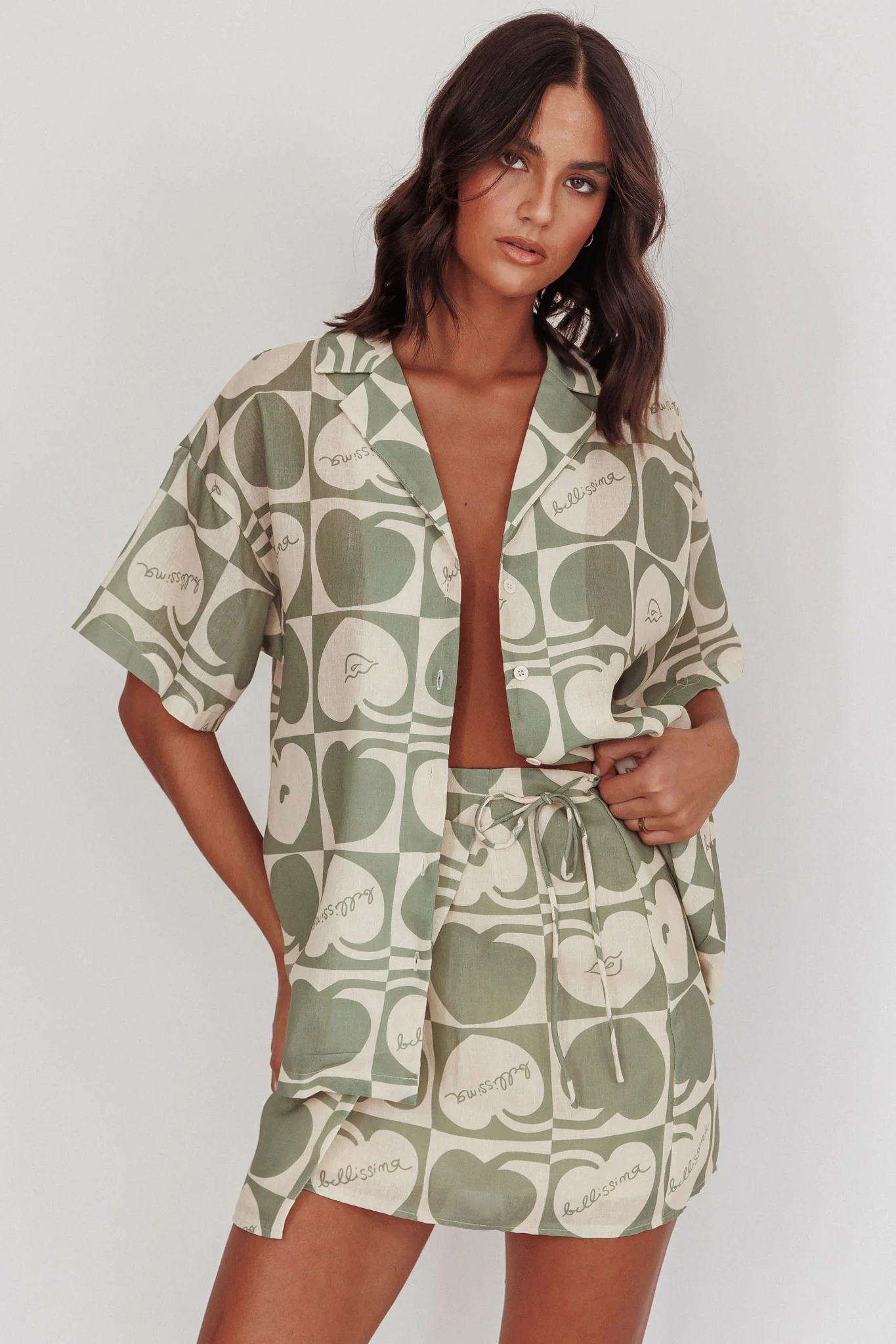 Cherry Print Mini Wrap Skirt Sage Beige