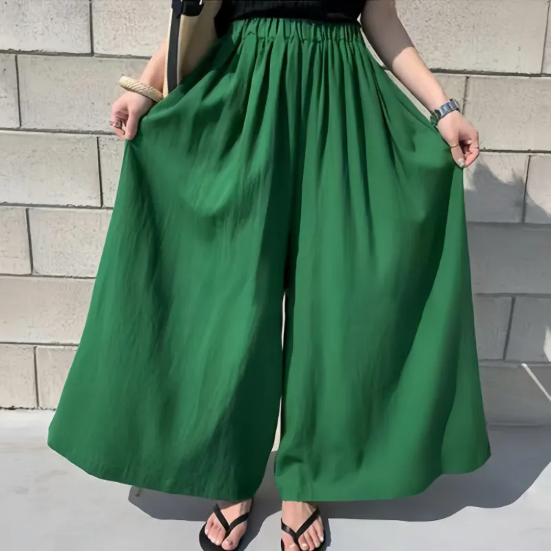 Women's Green High-Waisted Wide-Leg Culottes, Summer Flowy Loose Cotton Linen Skirt Pants with Pockets