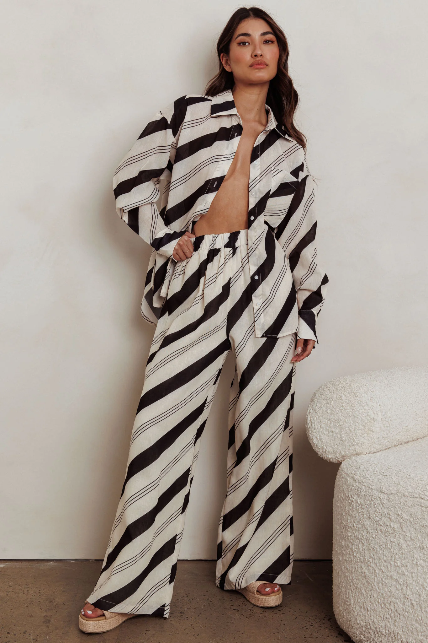 Elastic Waist Striped Print Pant Black/Cream