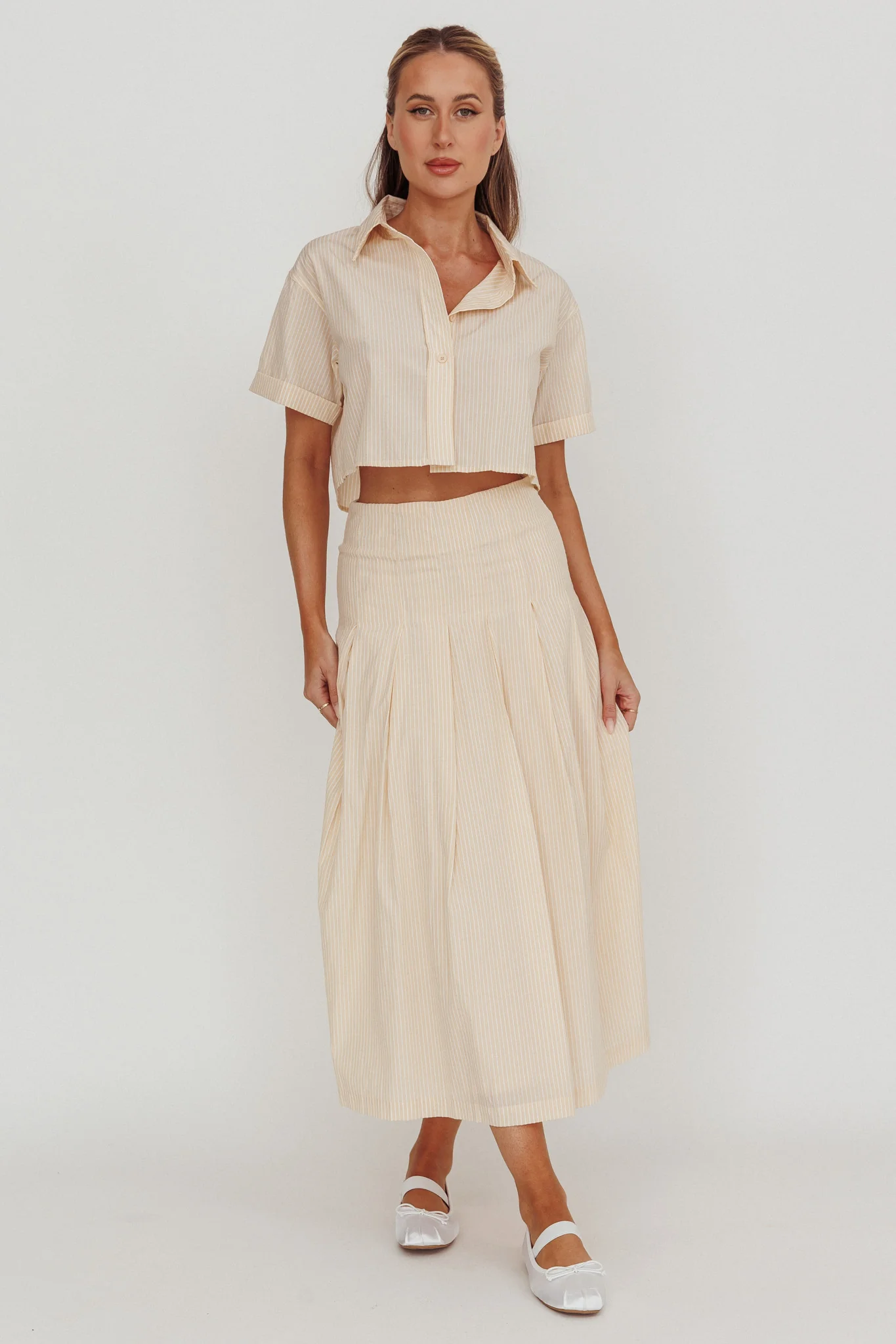 A-Line Striped Midi Skirt Beige/Off White