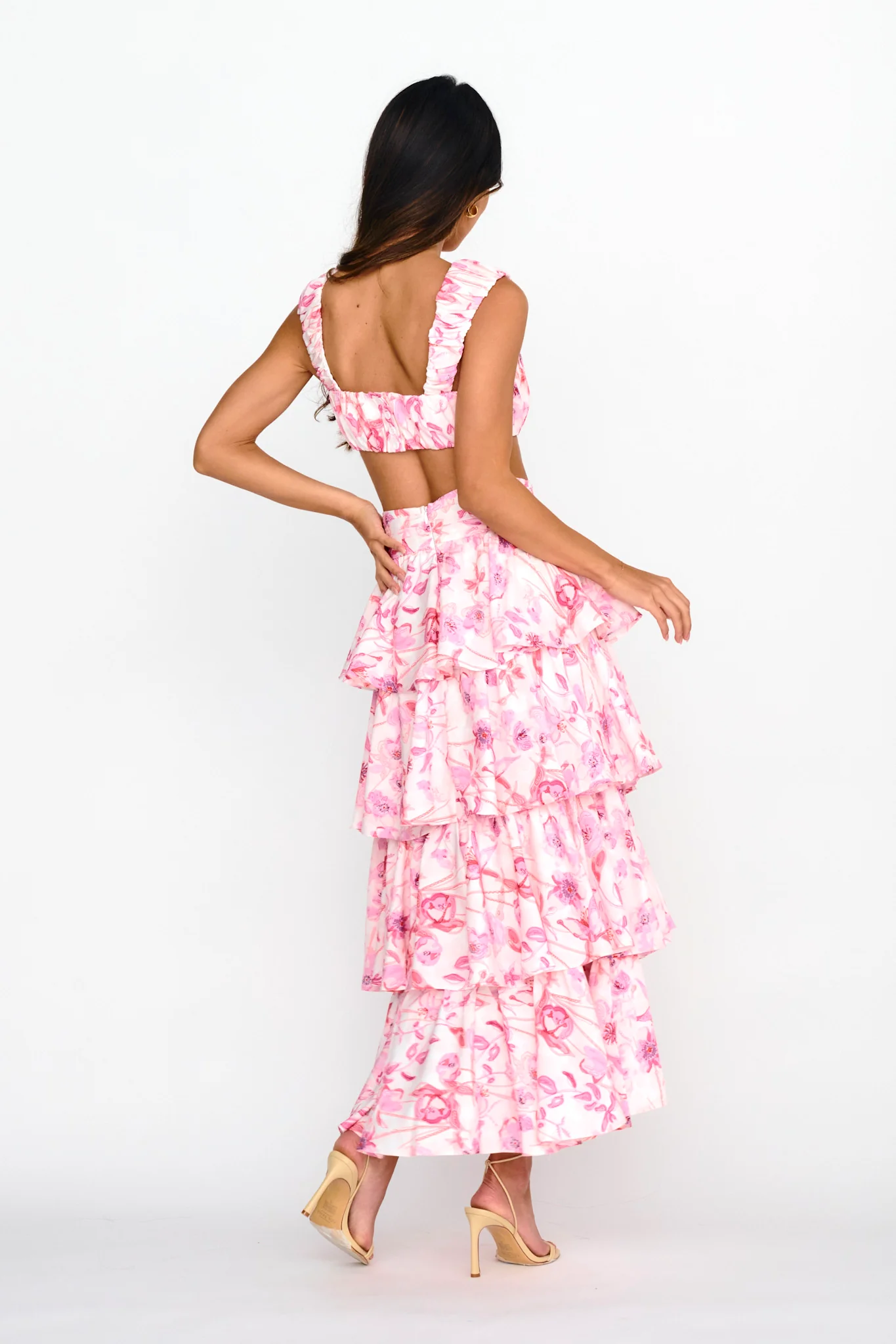 Tiered Frill Maxi Skirt Floral Pink