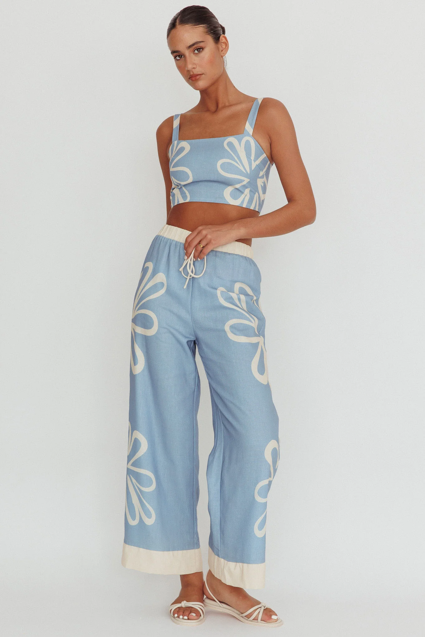 Floral Wide Leg Pants Beige Blue