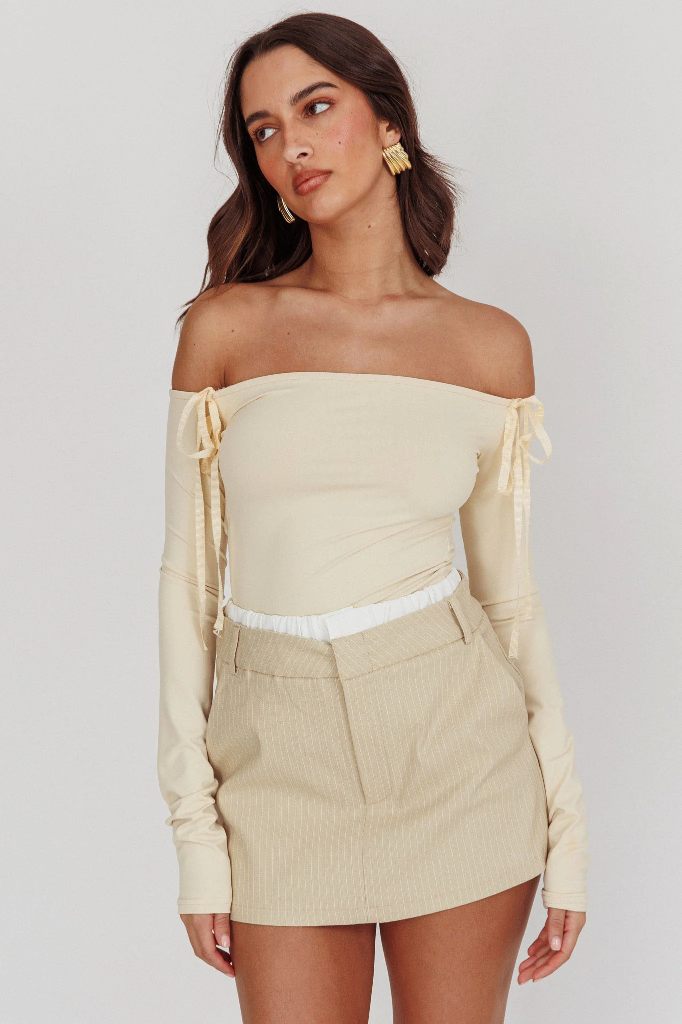 Pinstripe Double Waistband Skort Beige White