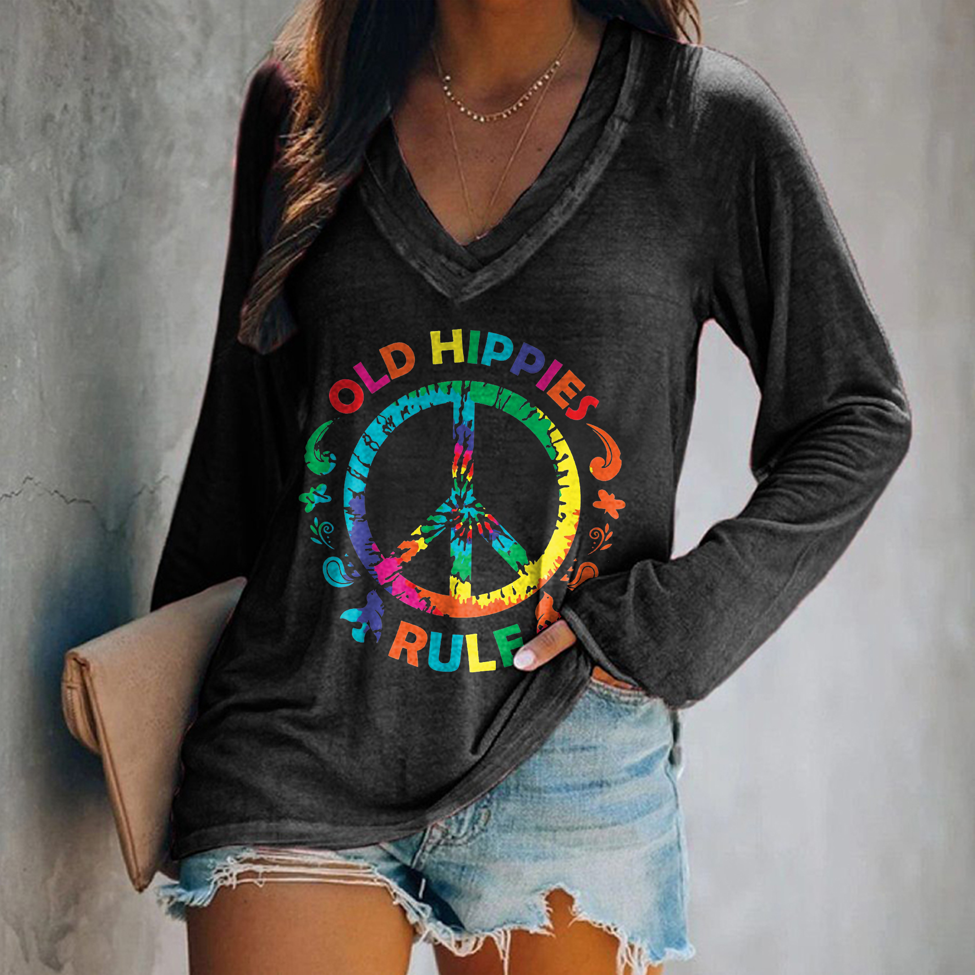 Old Hippie Rule V-neck Printed Women